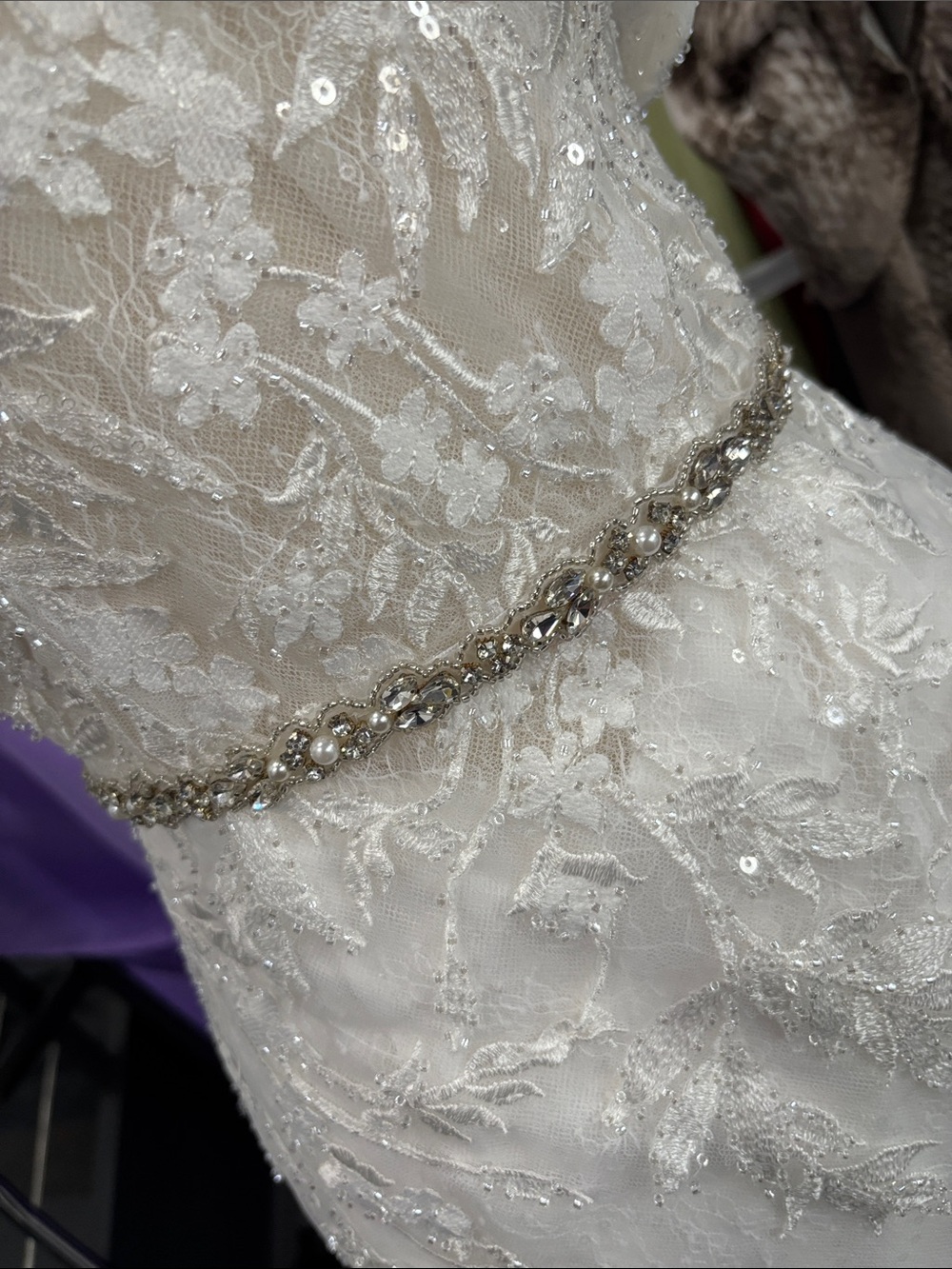 Crystal and Pearl Bridal Waist Belt - White/Silver